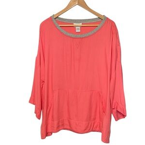 SOFT SURROUNDINGS  coral orange 3/4 sleeve kangaroo pocket blouse rayon top 1X